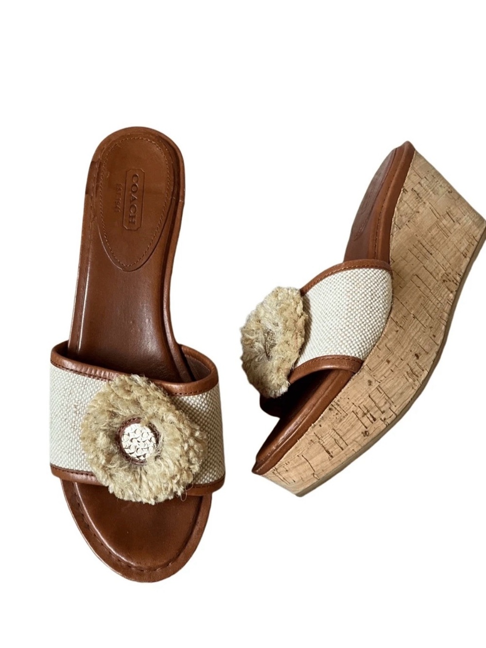 Coach Jasmin Cream and Brown Cork Wedge Slide Sandals with Rosette